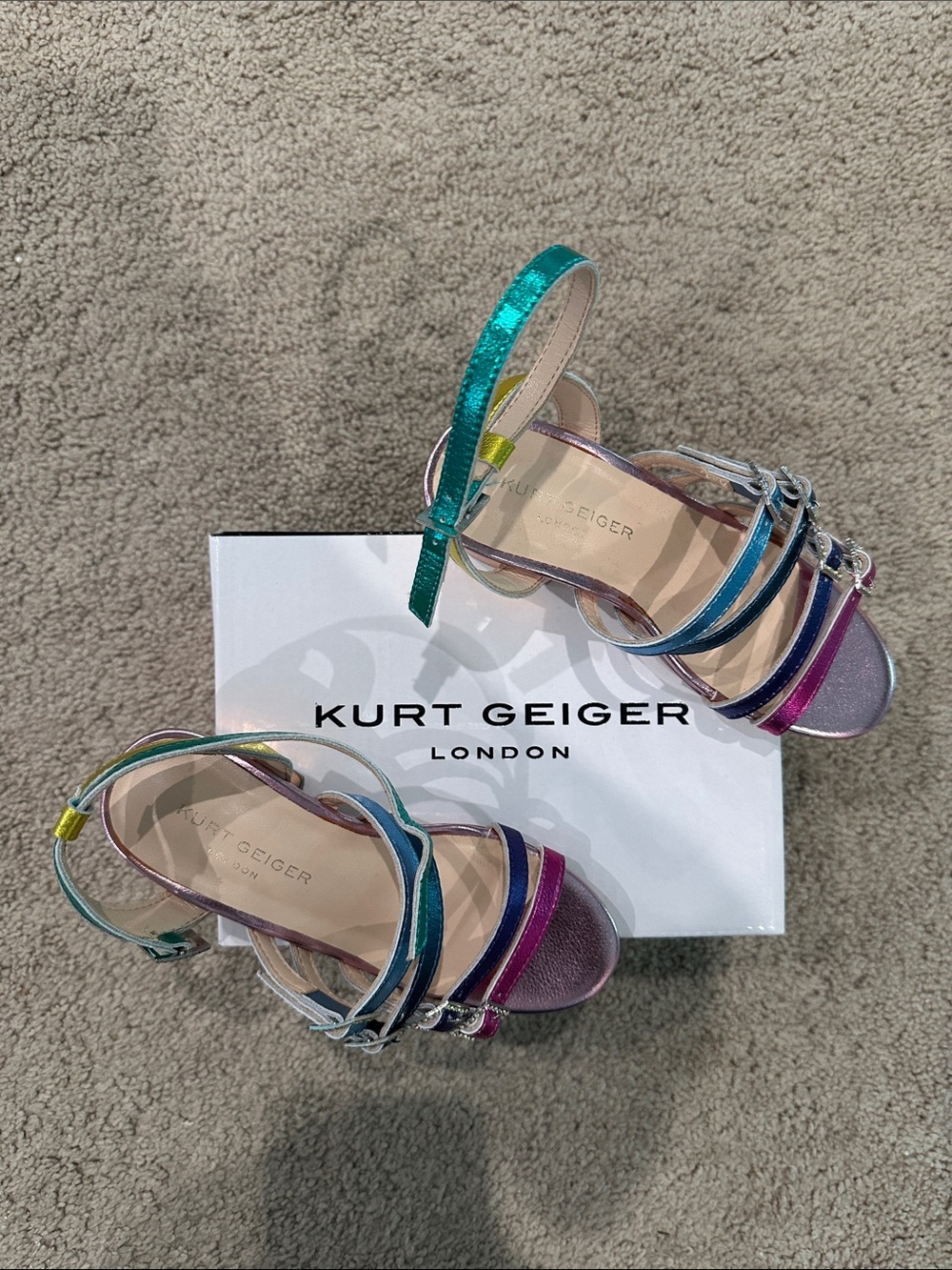 Kurt Geiger Multicolor Metallic Strappy Heels - Teal, Pink & Purple
